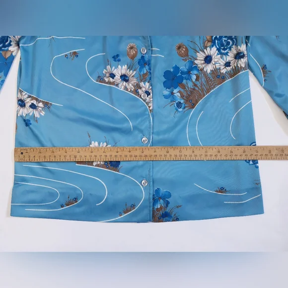 Vintage 70s Blue Silky Polyester Floral Daisy Poppy Top Shirt Women's Small - Picture 8 of 13